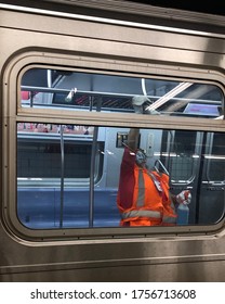 New York City, NY/ USA- 6-11-20: New York MTA Worker Disinfecting And Sanitizing Subway Car