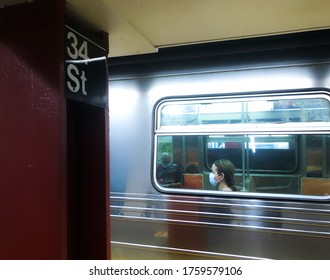 New York City, NY/ USA- 6-18-20: New Normal And Social Distancing In NYC Subway Trains Commuting To Work