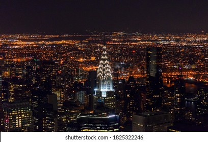 New York City, NY, USA - Jan 2nd 2015: Illuminated Historic Art Deco Building Top, New York City Manhattan At Night