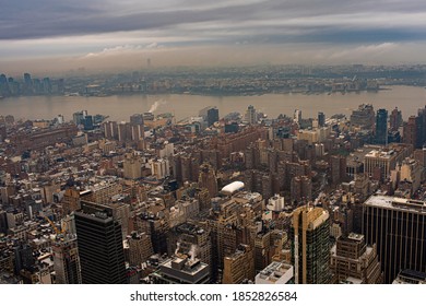 New York City, NY, USA - February 18, 2018: Aerial View Of New York City, With Visible Pollution And Smog In The Air