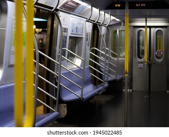 New York City, NY, USA- 8-19-20: NYC Transit Empty Subway Train Interior