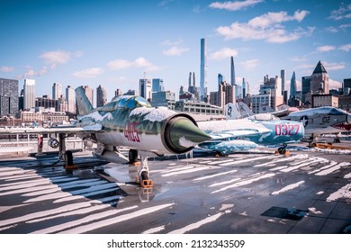New York City, NY, USA - February 14th 2022: During The Cold War Defected MiGs On Display On The Flight Deck Of USS Intrepid Sea, Air And Space Museum In NYC, NY, USA