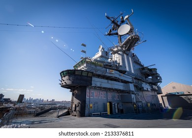 New York City, NY, USA - February 14th 2022: View of the island, the tactical and operational brain of the aircraft carrier USS Intrepid, Intrepid Sea, Air and Space Museum, New York, NY, USA