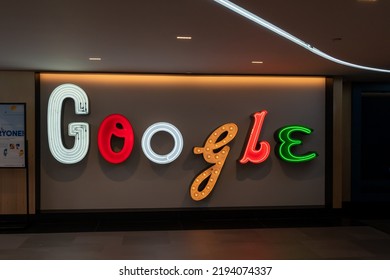 New York City, NY, USA - August 22, 2022: Close Up Of Google Sign In Its Office Building In New York City, USA. Google LLC Is An American Multinational Technology Company. 