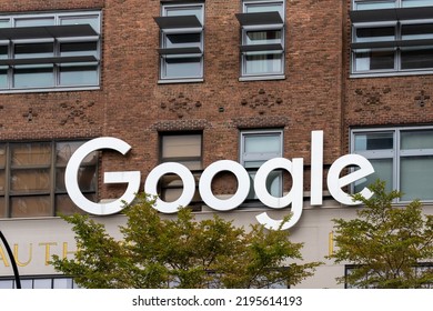 New York City, NY, USA - August 22, 2022: Close Up Of Google Sign On Its Office Building In New York City, USA. Google LLC Is An American Multinational Technology Company. 