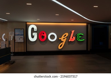 New York City, NY, USA - August 22, 2022: Close Up Of Google Sign Is Seen In Its Office Building In New York City, USA, August 22, 2022. Google LLC Is An American Multinational Technology Company. 