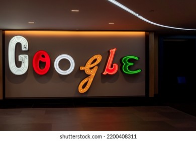 New York City, NY, USA - August 22, 2022: Close Up Of Google Sign Is Seen In Its Office Building In New York City, USA, August 22, 2022. Google LLC Is An American Multinational Technology Company. 