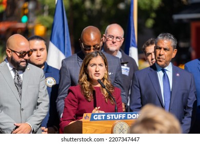 New York City, NY USA September 27, 2022. NYC Council Member Majorie Velazquez Speaks To The Media On The Relief Efforts In Puerto Rico And Dominican Republic Due To Hurricane Fiona. 