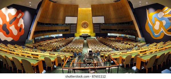 NEW YORK CITY, NY, USA - MAR 30: UN General Assembly Hall Interior. March 30, 2011 In Manhattan, New York City. It Is The Largest Room In The United Nations With Seating Capacity Over 1,800.