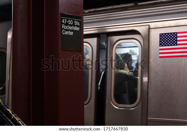 New York City, NY/ USA-\
2-27-19: NYC Delayed Train Passengers in Crowded Train Packed\
People
