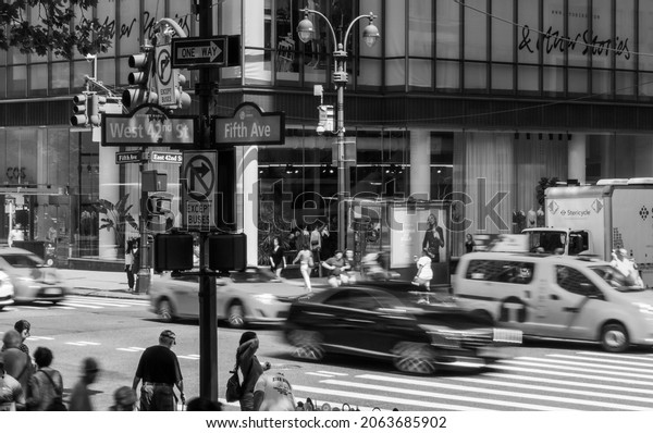 New York City, NY, USA- 8082018-\
Midtown New York City Busy Crowded Street on Fifth\
Avenue