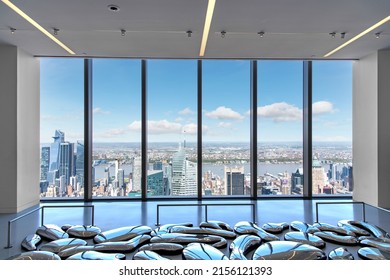 New York City, NY, USA-May 2022; Interior View From An Exhibition Room With Art Installation Of Summit One Vanderbilt Through Windows With View On The City, Hudson River And Jersey City