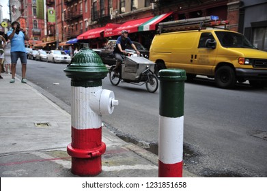 New York City, NY/United States-05/18/2015: Fire hydrant colored like the Italian flag in Little Italy.