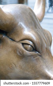 New York City, NY/USA Circa November 2019 The Wall St Bull Sculpture Close Up Of Eye.