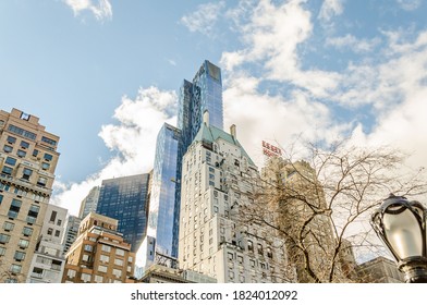 New York City, NY/USA - Dec 25th 2014: Low Angle View Of Manhattan Buildings And Skyscrapers In Central Park South On A Sunny Christmas Day