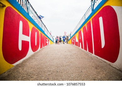 New York City, NY/USA - July 28, 2016: A group of children walk down the ramp at Coney Island, NYC