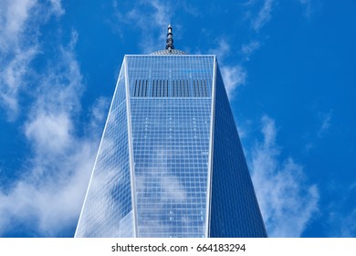 NEW YORK CITY - OCTOBER 04, 2016: Looking Up To The Top Of One World Trade Center With An Antenna Pointing Up To The Sky