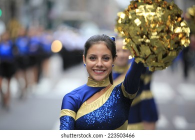 NEW YORK CITY - OCTOBER 13 2014: The 70th Annual Columbus Day Parade Filled Fifth Avenue With Thousands Of Marchers Celebrating The Pride Of Italian Heritage. High School Drill Team