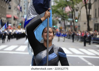 NEW YORK CITY - OCTOBER 13 2014: The 70th Annual Columbus Day Parade Filled Fifth Avenue With Thousands Of Marchers Celebrating The Pride Of Italian Heritage. High School Drill Team