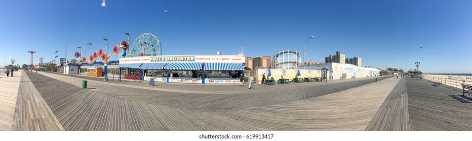 NEW YORK CITY - OCTOBER 2015: People Walking Along Riegelmann Boardwalk.