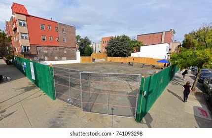 NEW YORK CITY - OCTOBER 23 2017: Brooklyn Public Library President Diane Johnson Joined Elected Officials In Groundbreaking For The New Greenpoint Public Library. View Of Vacant Lot.