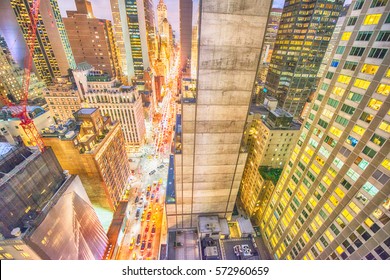 NEW YORK CITY - OCTOBER 24, 2015: Aerial Overhead View Of City Streets At Night. New York Attracts 50 Million Visitors Every Year.