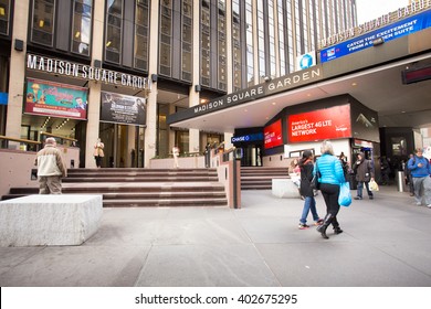 NEW YORK CITY - OCTOBER 25, 2013: Exterior View Of Madison Square Garden In Midtown Manhattan With People Visible.