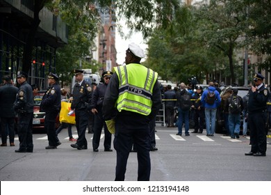 New York City - October 26, 2018: Members Of The NYPD Counter Terrorism Department Responding To A Suspicious Package Found At A Post Office In New York City.