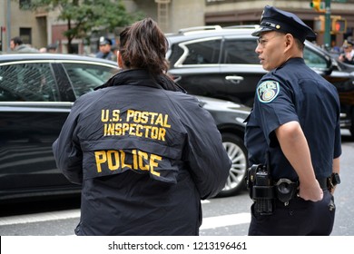 New York City - October 26, 2018: Members Of The US Postal Inspection Service Responding To A Suspicious Package Found At A Post Office In New York City.