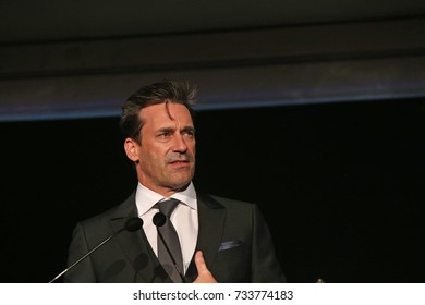 NEW YORK CITY - OCTOBER 5 2017: The Brooklyn Bridge Park Conservancy staged its 5th annual Black Tie Ball on the Park's Pier Two. Actor Jon Hamm in role as MC