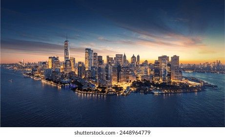 New York City panorama skyline at sunrise. Manhattan office buildings or skysrcapers at the morning. New York City panoramatic shot. - Powered by Shutterstock