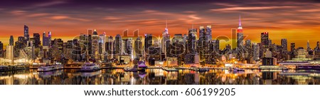 New York City panorama at sunrise with reflections in Hudson River (very detailed 81 megapixel photo)