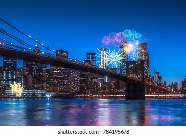 New York City Panoramic Landscape View Of Manhattan With Fireworks. New Year 2018 Concept.