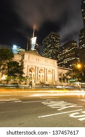 New York City Public Library At Night Long Exposure Shot Of Blurred Cars