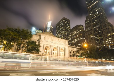 New York City Public Library At Night Long Exposure Shot Of Blurred Bus