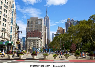 NEW YORK CITY - SEPTEMBER 11: Madison Square Park And Intersection Broadway And 5th Avenue With Pedestrians Early Morning In Midtown Manhattan, New York On September 11, 2016.