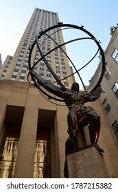 New York City September 12 2019: Atlas Statue At Rockefeller Center Bronze Man Holding Globe