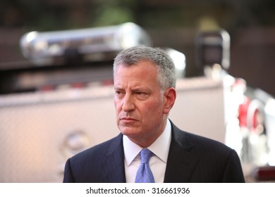 NEW YORK CITY - SEPTEMBER 14 2015: Mayor de Blasio and NYPD commissioner Bratton held a press conference following an exercise between NYPD and federal personnel for the forthcoming Papal visit to NYC