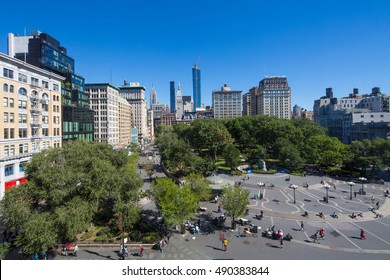 NEW YORK CITY - September 15: Union Square September 15, 2016 In New York, NY. The Commissioners' Plan Of 1811 Created Such An Awkward Angle At The Location That A Square Was Preferred Over Buildings.