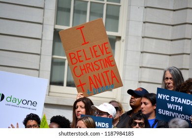 New York City - September 24, 2018: People at a rally supporting Dr. Blasey Ford and victims of sexual assault at City Hall in Lower Manhattan.