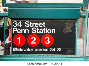 NEW YORK CITY - SEPTEMBER 4: Penn Station and 34th street subway sign on September 4, 2015 in New York City.