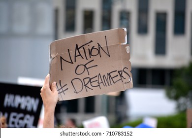 New York City - September 5, 2017: People protesting President Trump's decision to repeal the Deferred Action for Childhood Arrivals (DACA) policy in Lower Manhattan.