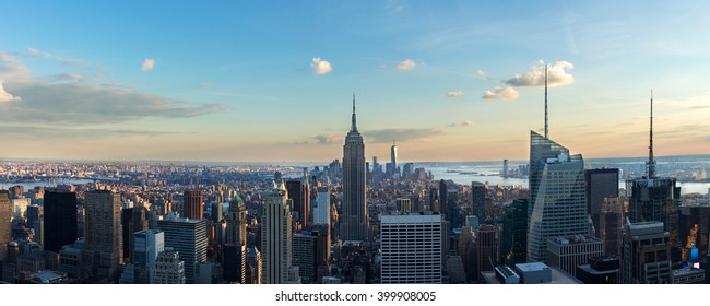 New York City Skyline In Afternoon Before Sun Set. Panoramic Image.