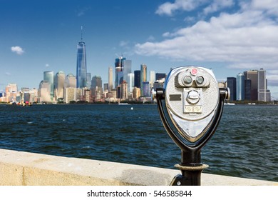 The New York City Skyline At Afternoon With The Binocular And The Freedom Tower