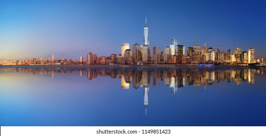 New York City Skyline Blend With Day And Night Panorama With Reflection