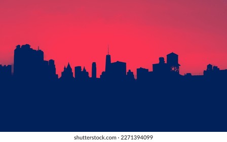 New York City skyline buildings form silhouette shapes against the background sky in Manhattan with red and blue colors - Powered by Shutterstock