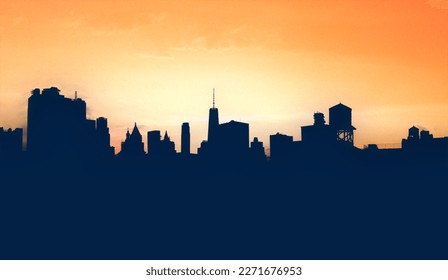 New York City skyline buildings form silhouette shapes against the yellow background sky in Manhattan