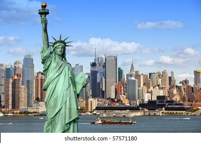new york city skyline cityscape with statue of liberty over hudson river. with midtown Manhattan skyscrapers and freight sailing ship in usa america.  - Shutterstock ID 57571180