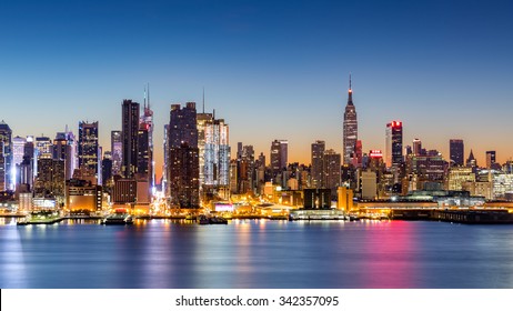 New York City Skyline At Dawn, As Viewed From Weehawken, Along The 42nd Street Canyon