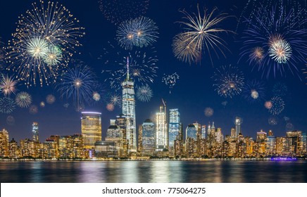 New York City Skyline With Fireworks On The Sky. New Years Eve Celebration